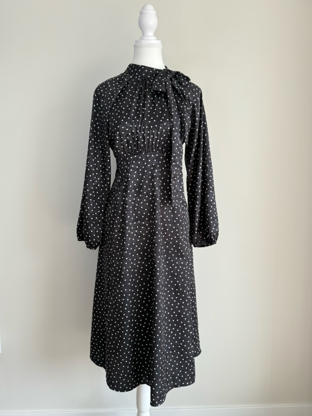 Calvin Klein Polka Dot Midi Dress – Black & White Tie Neck (Size 10) - Picture 2 of 4
